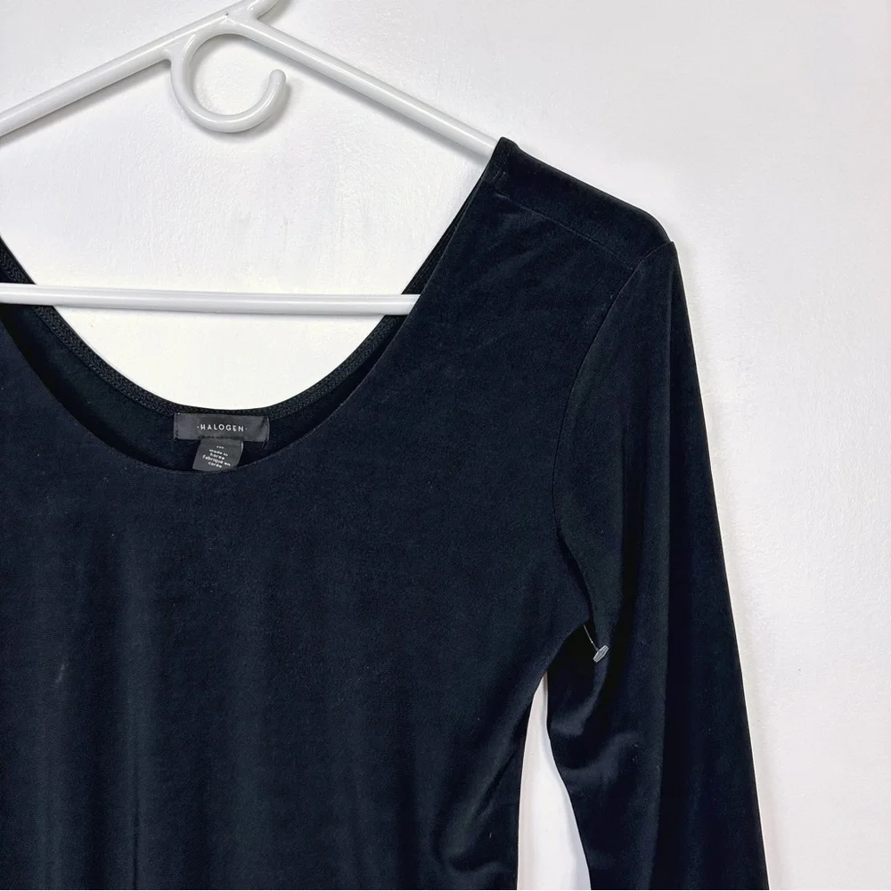 Halogen Black Jersey Stretch Knit Long Sleeve Double Scoop Bodysuit Size M - Picture 4 of 10